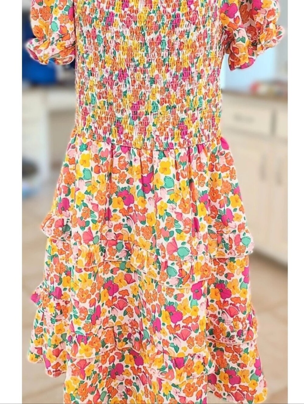 KIRUNDO New Tag Smocked Floral Flower Flounce Short Sleeve Dress On Off Shoulder